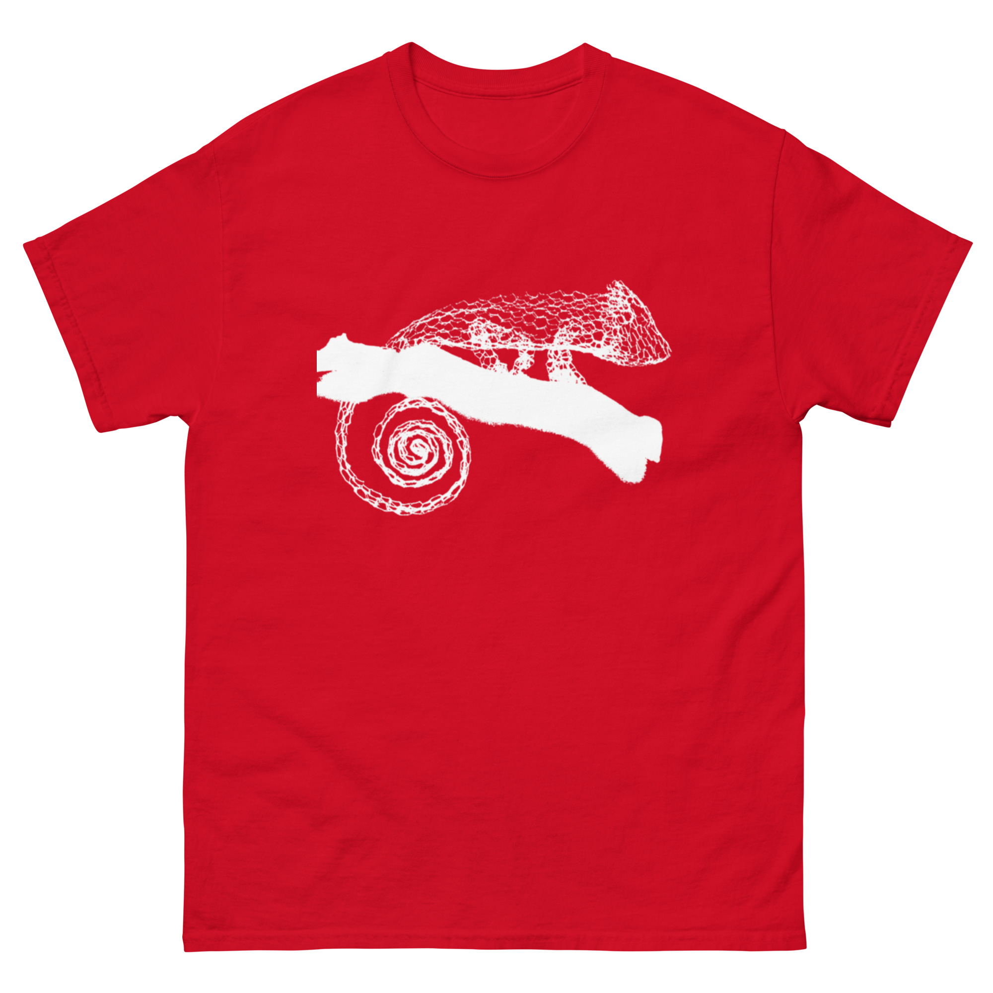 unisex-classic-tee-red-front-68c8184900fbb.jpg ChickenWired Chameleon sculpture T-shirt - Dark T-shirt style - Image 4